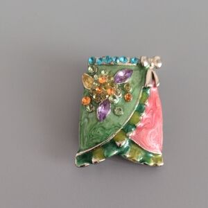 Vintage Artisan Skirt Brooch Natural Blue Topaz & Gemstones Enamel Figural